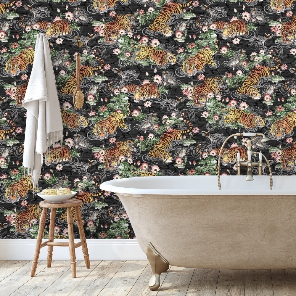 Tiger Lily Charcoal & Gold Wallpaper
